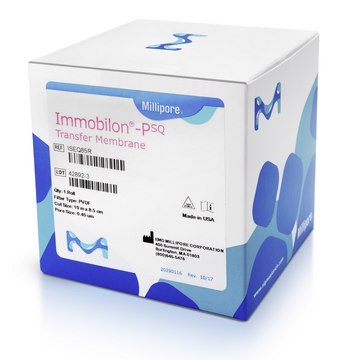 Immobilon&#174;-PSQ膜，PVDF，0.2 m，8.5 cm x 10 m卷 0.2 um filter ( 0.2 micron ) pore size Hydrophobic PVDF Transfer Membrane for western blotting using Chemiluminescence, Chromogenic or Radioactive detection methods. Comes in an 8.5 cm x 10 m roll.