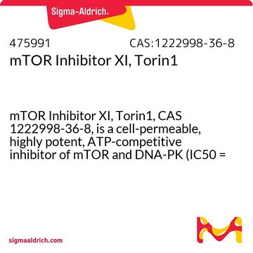 mTOR Inhibitor XI, Torin1 mTOR Inhibitor XI, Torin1, CAS 1222998-36-8, is a cell-permeable, highly potent, ATP-competitive inhibitor of mTOR and DNA-PK (IC50 = 4.32 and 6.34 nM, respectively).