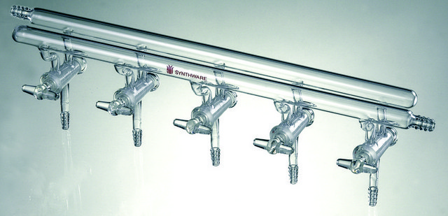 Synthware&#8482; all-glass vacuum/inert gas manifold with hollow high vacuum stopcocks number of ports, 5, Hose Connections: Front-right, Rear-left