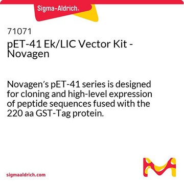 pET-41 Ek/LIC Vector Kit - Novagen Novagen&#8242;s pET-41 series is designed for cloning and high-level expression of peptide sequences fused with the 220 aa GST-Tag protein.