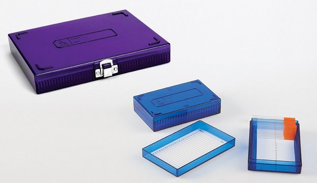 TrueNorth&#174; Microscope Slide Box 100 Place, Hinged Lid with Clasp, purple polycarbonate