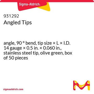 Angled Tips angle, 90 ° bend, tip size × L × I.D. 14 gauge × 0.5 in. × 0.060 in., stainless steel tip, olive green, box of 50 pieces