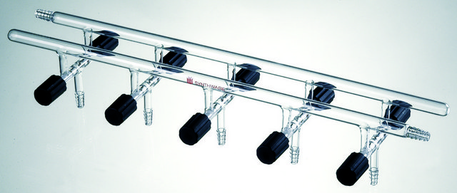 Synthware&#8482; Vacuum/Inert Gas Manifold with double bank and high vacuum valves number of ports, 4, Hose Connections: Front-right, Rear-left