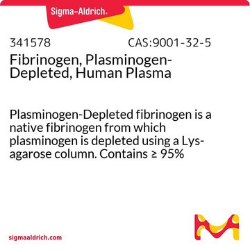 Fibrinogen, Plasminogen-Depleted, Human Plasma Plasminogen-Depleted fibrinogen is a native fibrinogen from which plasminogen is depleted using a Lys-agarose column. Contains &#8805; 95% clottable proteins.