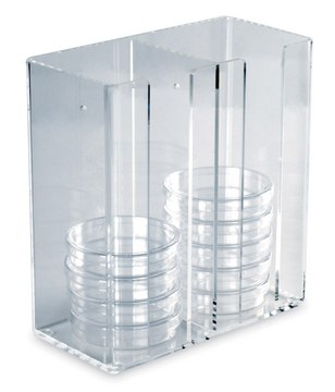 Petri dish dispenser, holds 30 x 100 mm dishes in 2 compartments clear acrylic