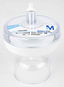 Millipak&#174; Express 20过滤器 0.22 &#181;m membrane filter for particulate-free and bacteria-free water at the point of dispense, For use with Direct-Q&#174;, Synergy&#174; and Milli-Q&#174; Academic / Biocel / Element / Synthesis / Gradient systems