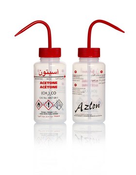 Azlon&nbsp;Multi-Lingual Safety Wash Bottles With Driplok Vapor Venting label, Acetone (in English, French, Arabic), capacity 500&#160;mL