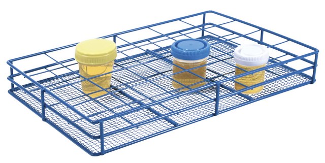 Coated Wire Urine Container Rack to hold, 24 x 58 mm containers, blue high-density polyethylene coating