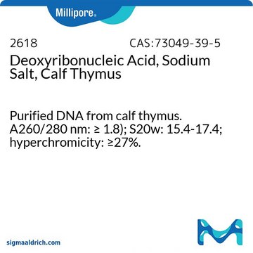 Deoxyribonucleic Acid, Sodium Salt, Calf Thymus Purified DNA from calf thymus. A260/280 nm: &#8805; 1.8); S20w: 15.4-17.4; hyperchromicity: &#8805;27%.