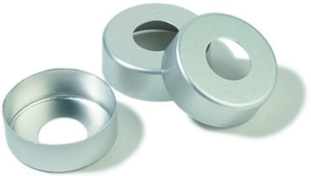 Aluminum crimp seal (without septum), silver aluminum open center, diam. × opening 20&#160;mm × 9.5&#160;mm, pkg of 100&#160;ea