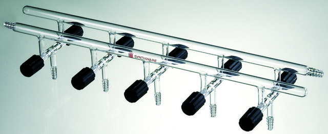 Synthware&#8482; Vacuum/Inert Gas Manifold with double bank and high vacuum valves number of ports, 5, Hose Connections: Front-left-right, Rear-left