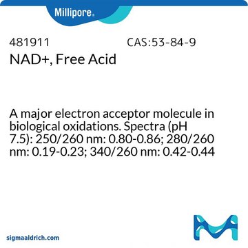 NAD+, Free Acid A major electron acceptor molecule in biological oxidations. Spectra (pH 7.5): 250/260 nm: 0.80-0.86; 280/260 nm: 0.19-0.23; 340/260 nm: 0.42-0.44 (with ADH at pH 10).