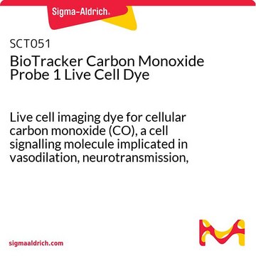 BioTracker Carbon Monoxide Probe 1 Live Cell Dye Live cell imaging dye for cellular carbon monoxide (CO), a cell signalling molecule implicated in vasodilation, neurotransmission, anti-inflammatory and anti-apoptotic processes.