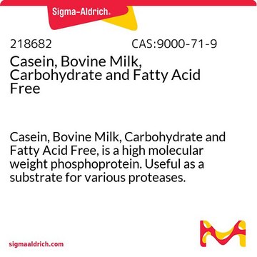 不含酪蛋白、牛乳、碳水化合物和脂肪酸 Casein, Bovine Milk, Carbohydrate and Fatty Acid Free, is a high molecular weight phosphoprotein. Useful as a substrate for various proteases. Supplied as Hammarsten grade material.