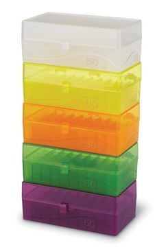 50-Well microtube storage box, for 1.5-2.0 mL tubes assorted colors, Blue, Green, Purple, Yellow, Orange, polypropylene