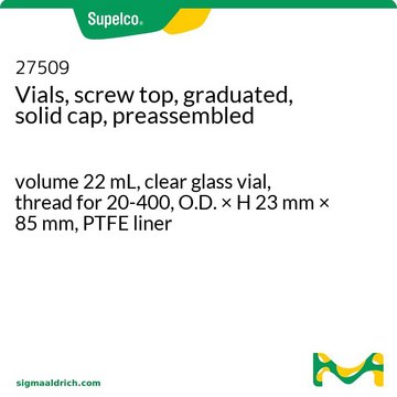 Vials, screw top, graduated, solid cap, preassembled volume 22&#160;mL, clear glass vial, thread for 20-400, O.D. × H 23&#160;mm × 85&#160;mm, PTFE liner