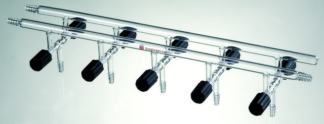 Synthware&#8482; Vacuum/Inert Gas Manifold with double bank and high vacuum valves number of ports, 3, Hose Connections: Front-left, Rear-right