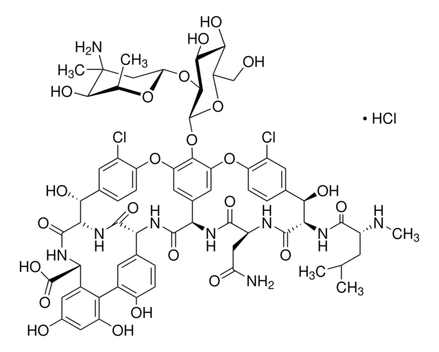 Vancomycin, Hydrochloride, Streptomyces orientalis Amphoteric glycopeptide antibiotic. Inhibits bacterial mucopeptide synthesis by forming complexes.